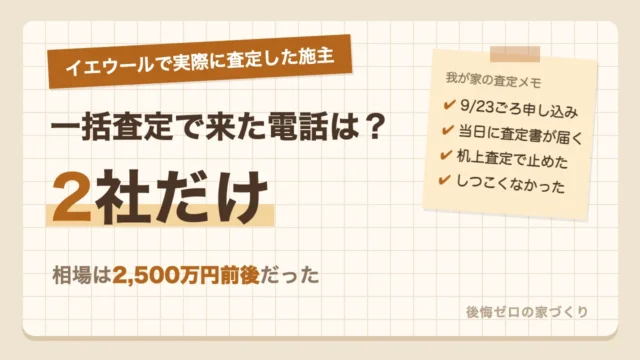 イエウールで実際に査定した施主の結果。一括査定で来た電話は2社だけで相場は2,500万円前後