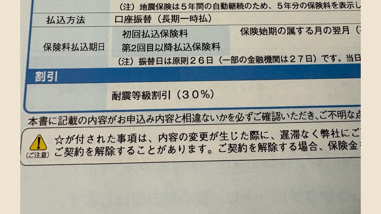 地震保険の書類に記載された耐震等級割引30%