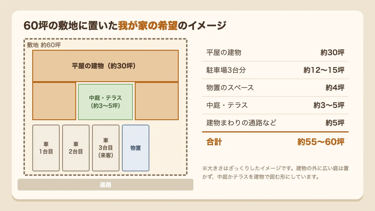 60坪の敷地に30坪の平屋と駐車場3台と物置を置いたイメージ図