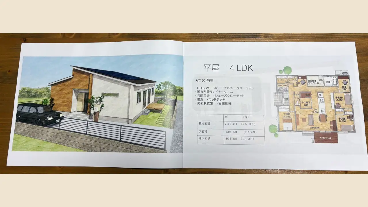 LDK22.5帖にファミリークローゼットと書斎がある平屋4LDKの参考プラン
